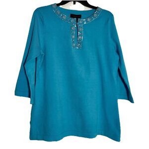 Cable & Gauge Women Sweater  Top Blue SZ M Embellished Neck Tunic 3/4 Sl Vibrant